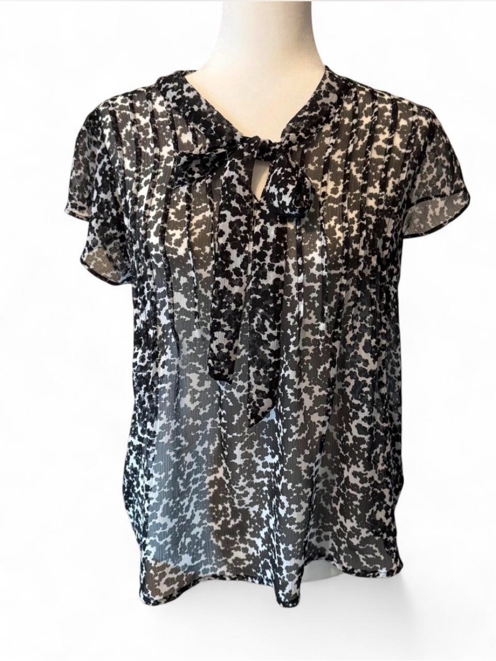 Elle Black & White Sheer Tie-Neck Flutter Sleeve Blouse